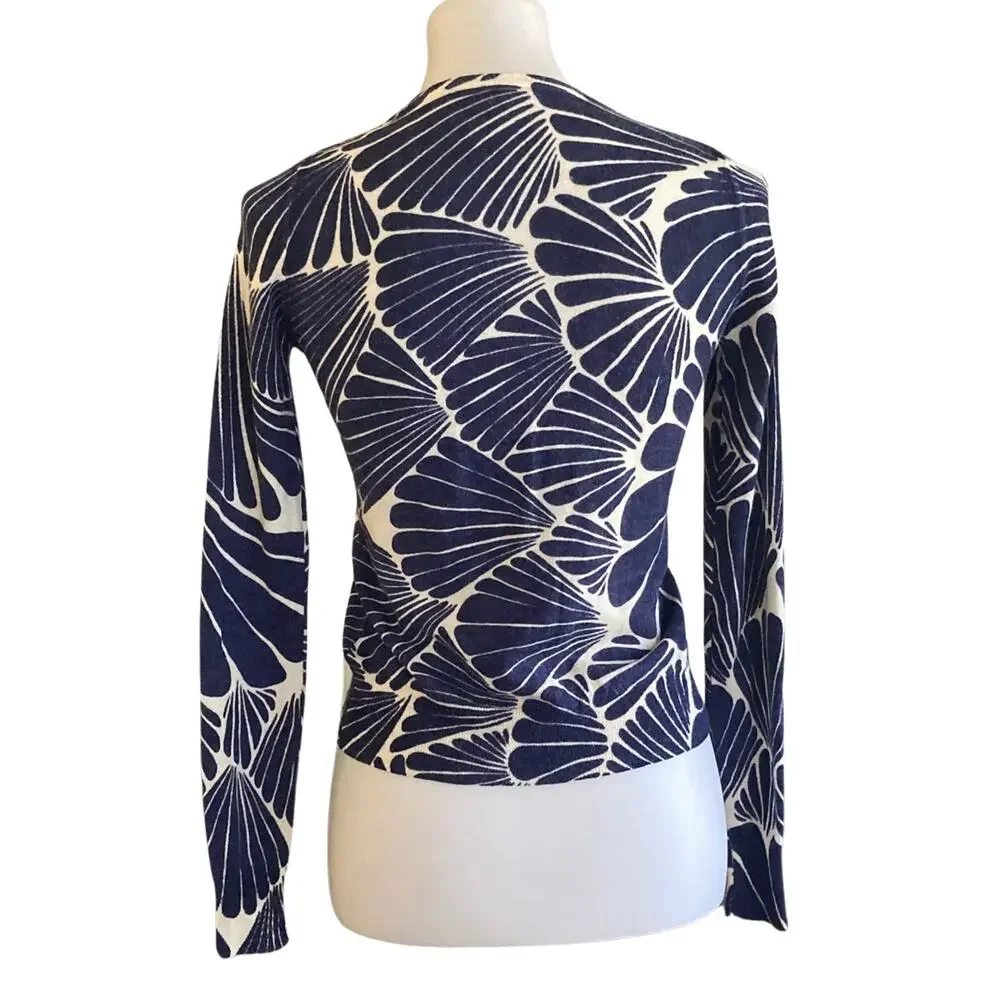Classic Botanical Merino Wool Cardigan Navy and White, XS